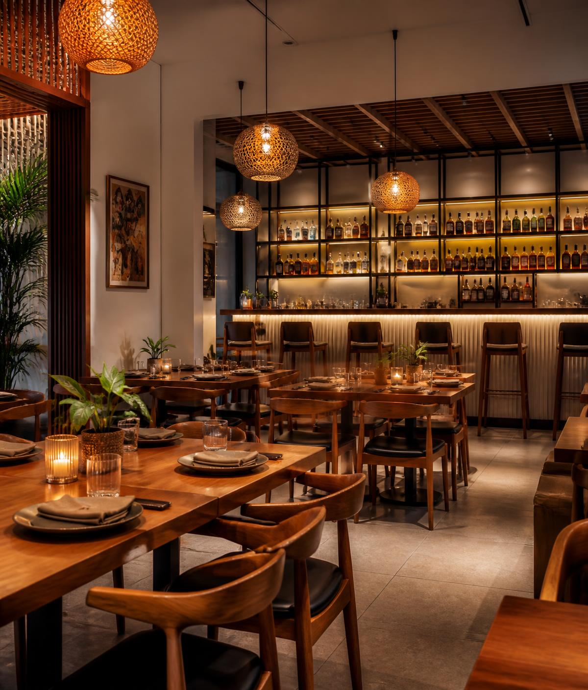 The warm, softly lit dining room and bar at Onowu's Kitchen & Bar