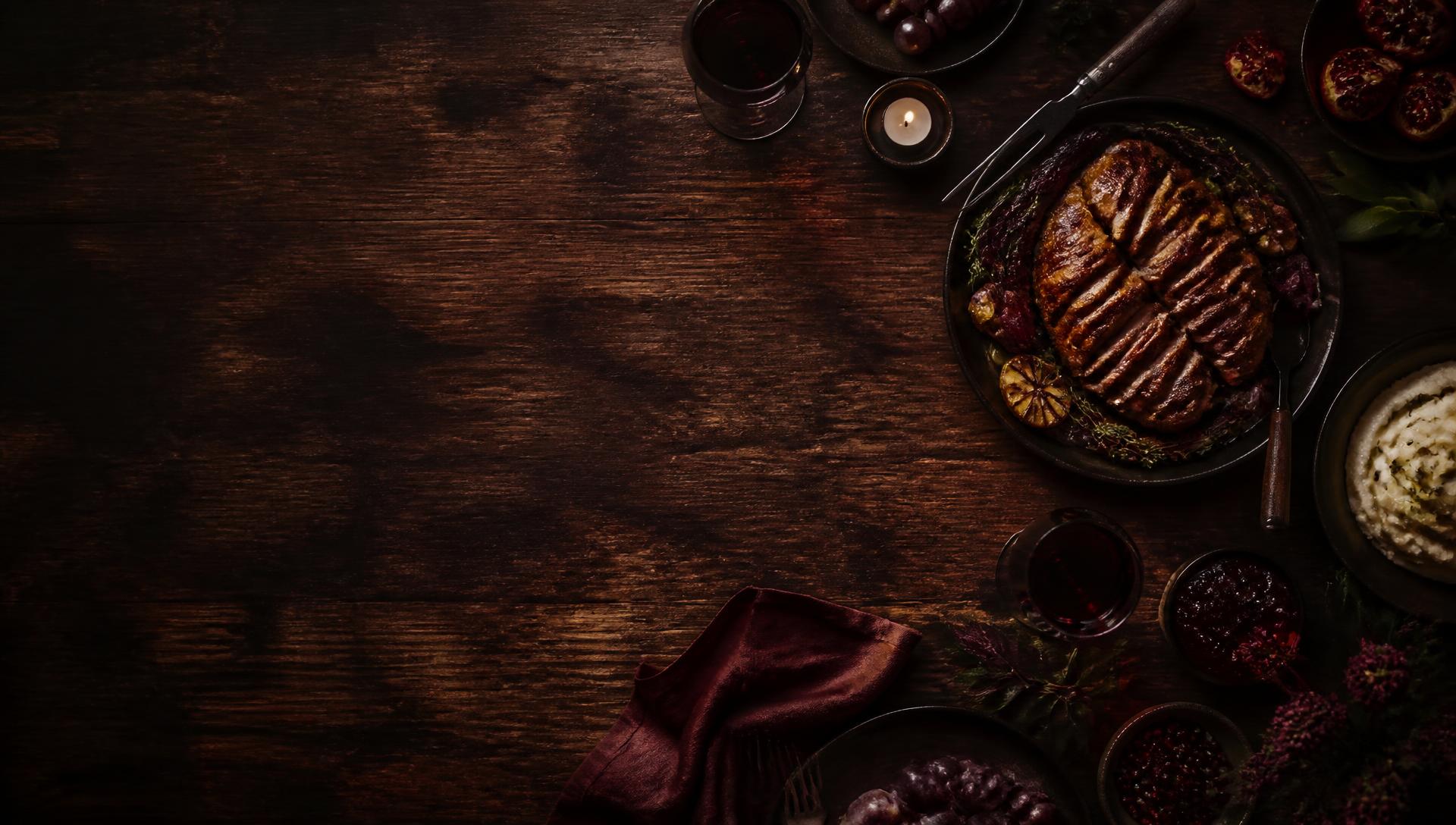 A warmly lit table setting with food and drinks