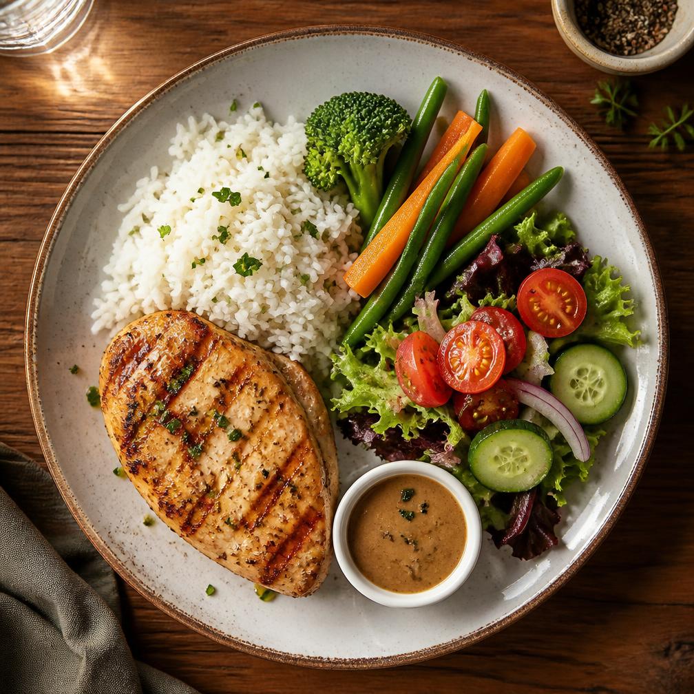 A continental plate of grilled chicken, rice and fresh vegetables